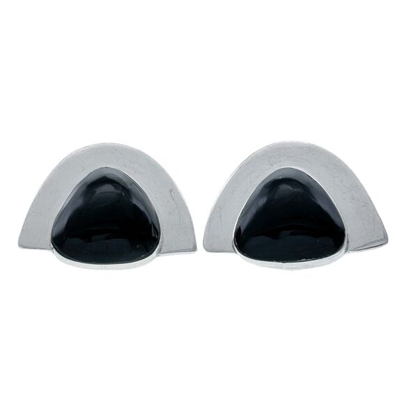 Vintage Sterling Silver 925 Black Onyx Modernist Clip-On Earrings - Picture 1 of 6